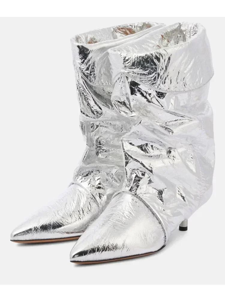 Новые женские европейские и американские остроносые плиссированные ботильоны до икры с бахромой на тонком каблуке 5 см, рыцарские сапоги, ботинки средней длины больших размеров