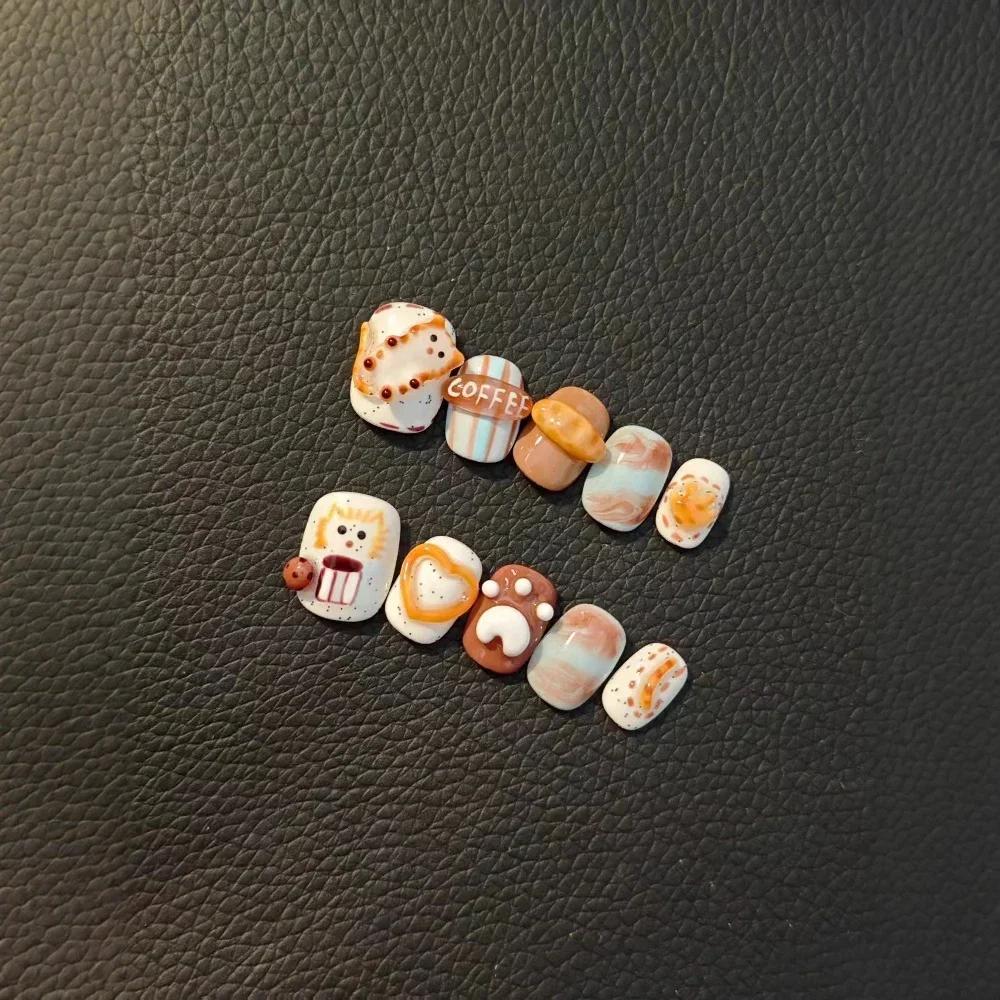 Cute Cartoon Animal Handmade Press On Nails With Cake Bread Bowknot Snowflake Apple Flower Stickers For Party Decoration