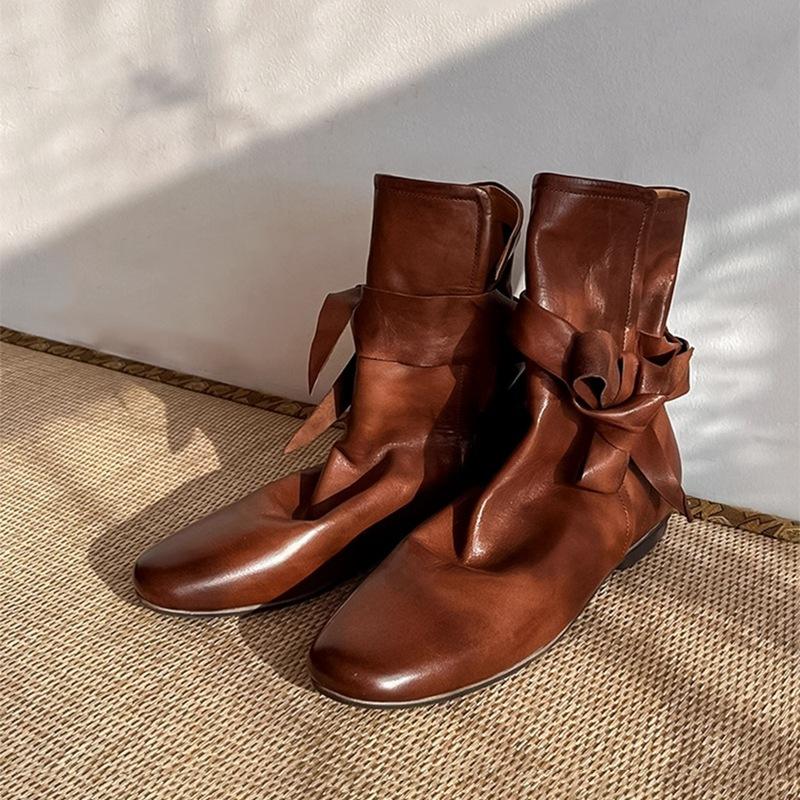 Кожаная ниша полированные ботинки Мартин женские осенне-зимние ботильоны Челси бант на плоской подошве плиссированные ботинки на наборном каблуке