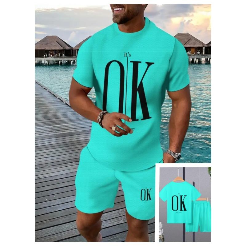 Summer Letter OK Color Print Fashionable Comfortable Loose Sports Men's Short Sleeved Two-piece Sport Wear