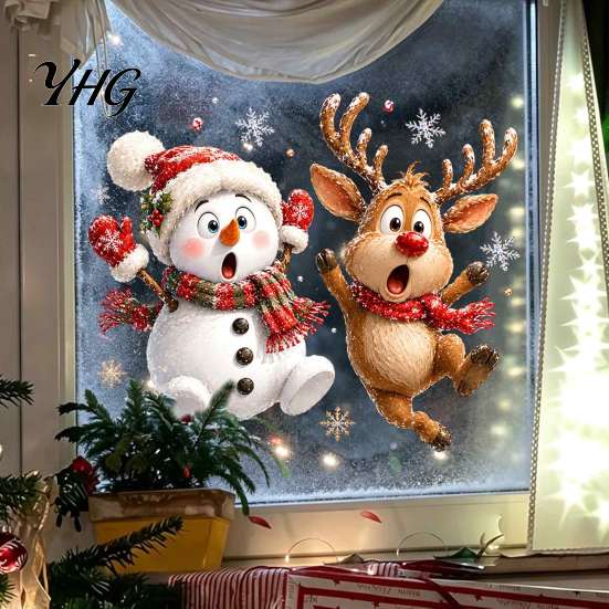 Transparent Decorative Stickers Christmas Static Window Clings, Removable Glass Decals, Snowman Santa Reindeer Nutcracker Film with Snowflakes,
