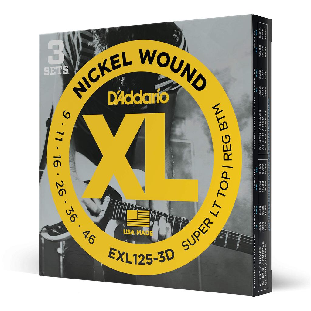 Electric Guitar XL Super Light D'Addario Strings, Nickel, .009-.046, Top/Regular Bottom, 3-Pack, EXL125-3D
