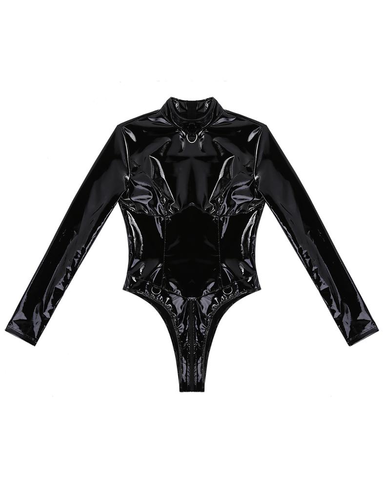 Женское мокрое кожаное боди из ПВХ с высоким воротником и длинными рукавами, комбинезон, ночное белье, клубная одежда