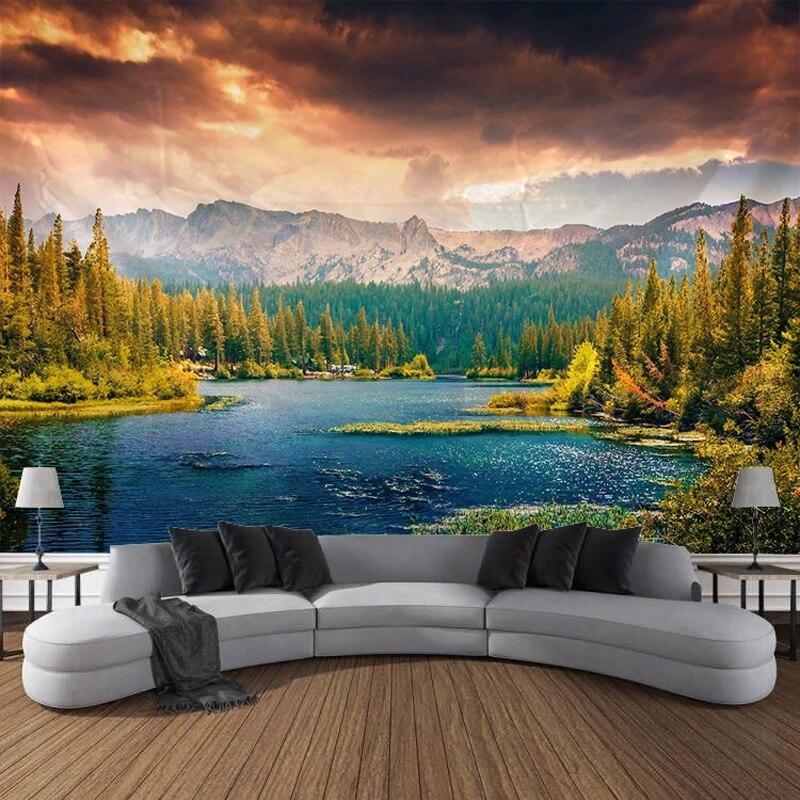 Природные горы, озеро, хвойное дерево, пейзаж, гобелен, настенное украшение для спальни, гостиной, дома