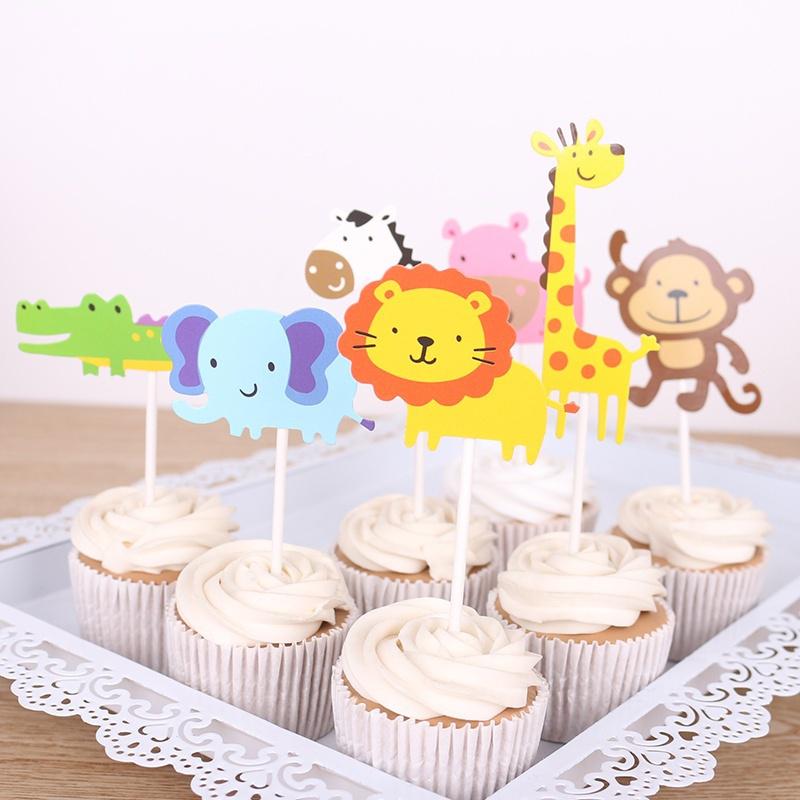 7pcs Jungle Safari Cupcake Picks Cake Toppers Cartoon Cupcake Inserts Card Kids Birthday Party AVE