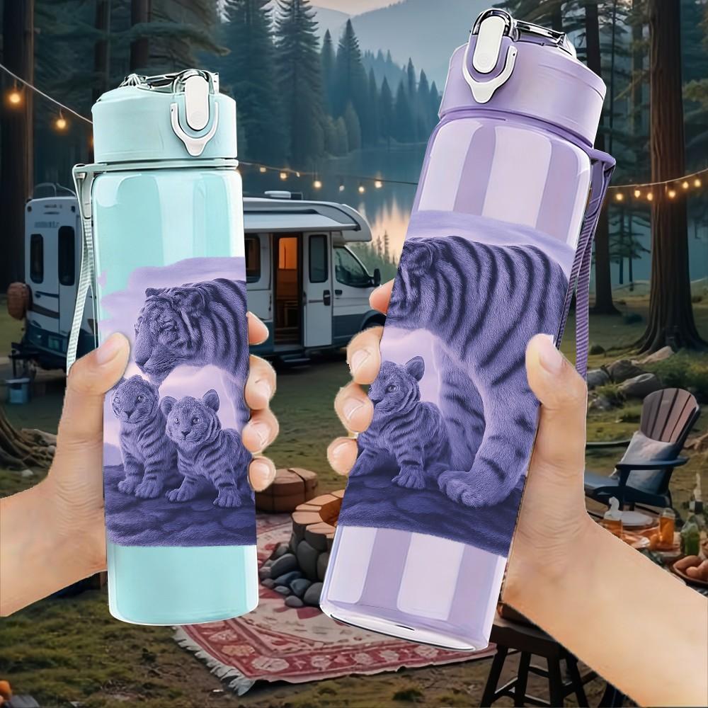 1PC Blue Tiger Dark Pattern Art 750ml Color Plastic Sports Water Bottle Leakproof Flip Straw Lid Suitable for Sports Office Home Use