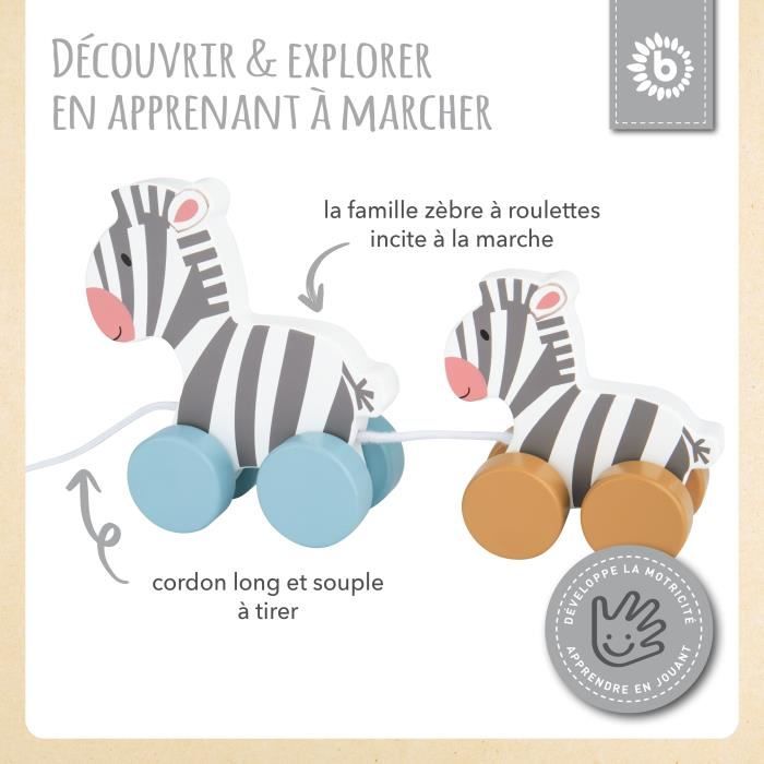 Zèbres à tirer en bois - bieco - jouets à tirer - animaux à tirer - 8 roues en bois