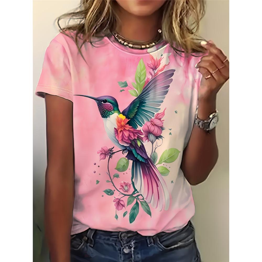 Lady Funny Tops Crew Neck Short Sleeve Vivid Peacock Print T Shirt Women's Outfits Casual Streetwear Fashion Tees Summer Clothes