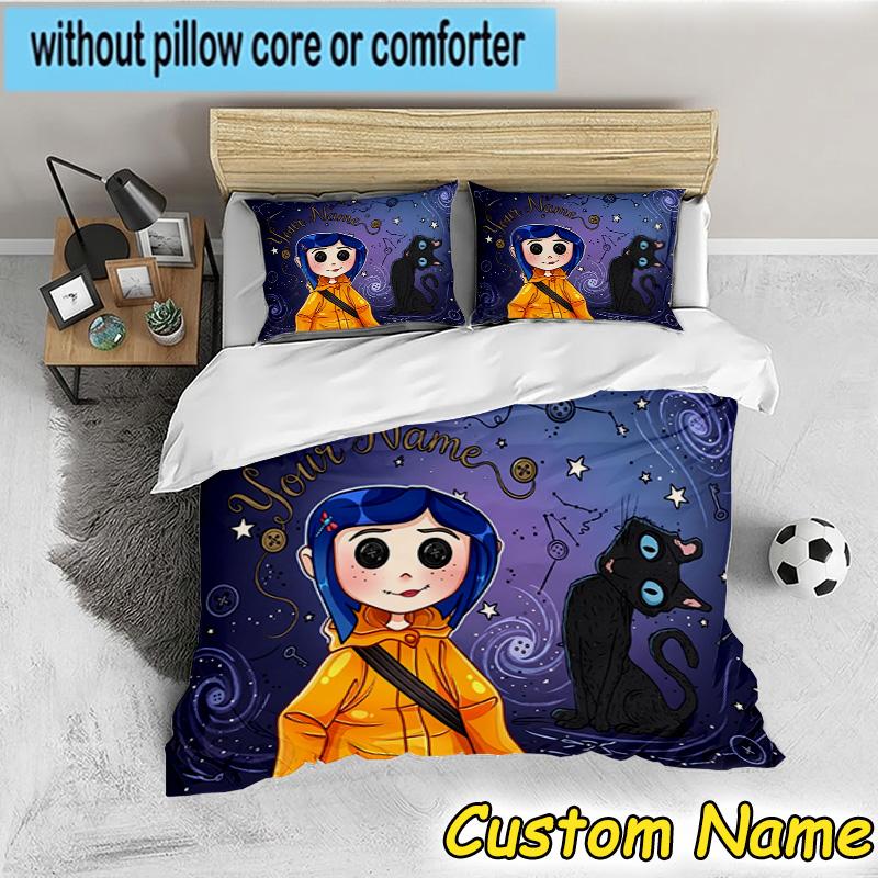 3pcs Custom Name Mystery Coraline's World Bedding Set Includes 1 Duvet Cover & 2 Pillowcases for All Seasons Dormitory Home Decor Christmas gifts
