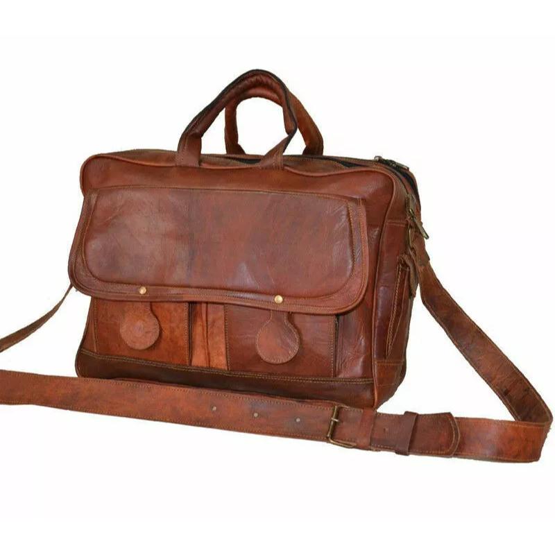 New Men's Bag Goat Leather Vintage Office Messenger Shoulder Laptop Briefcase Bag