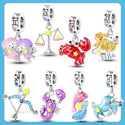 2023 Двенадцать Созвездий Знак Звезды Стерлингового Серебра 925 Старинные Бусины Зодиака Флуоресцентные Подвески Подходит Модный Стиль Браслета