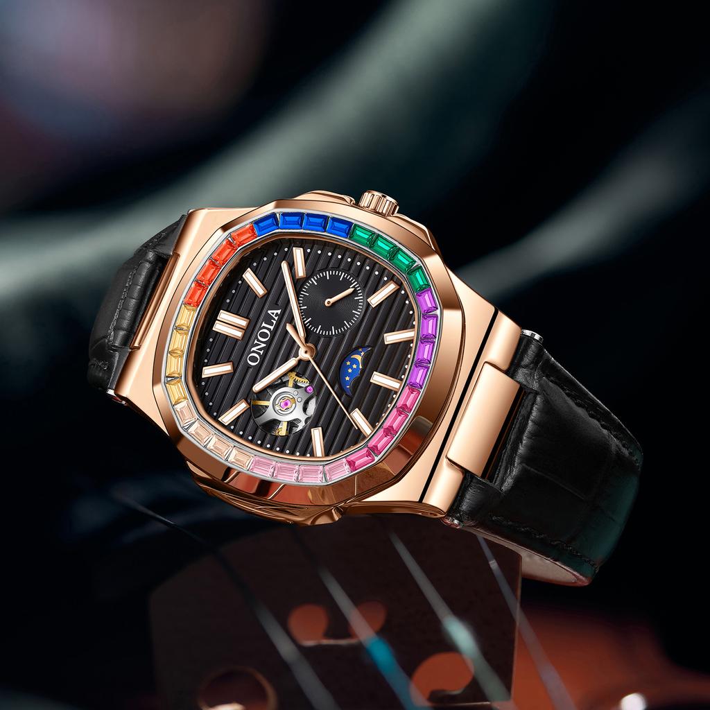 Tourbillon Hollowed Out Fully Automatic Mechanical Watch Men's Diamond Studded Moon Phase Dial Waterproof Luminous Watch Holiday Gift Watch