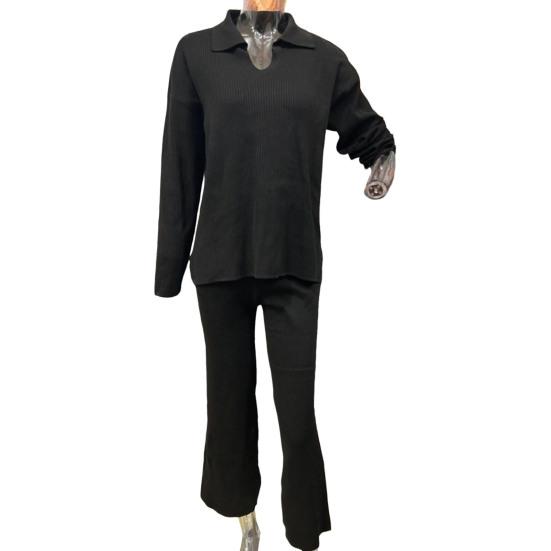 2 шт./комплект женский трикотажный наряд V-образный вырез длинный рукав топ высокая талия широкие брюки нитки домашняя повседневная одежда пижамный комплект осенне-зимний спортивный костюм комплект