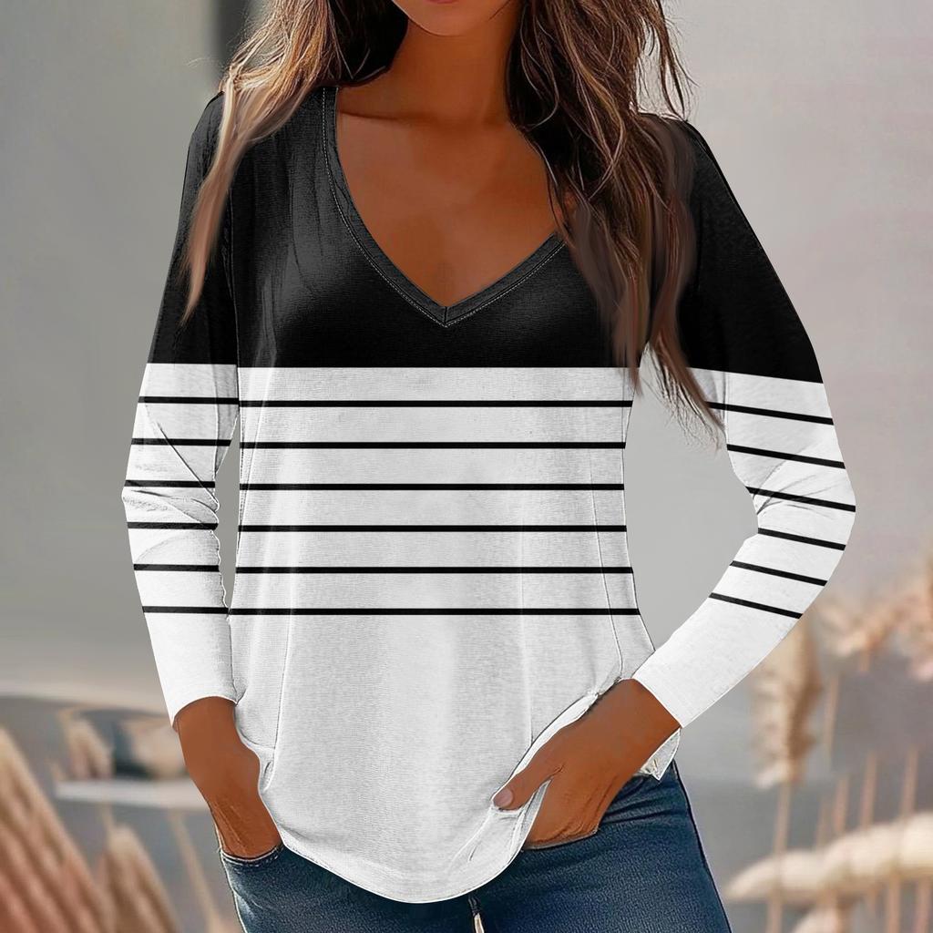 Womens Long Sleeve Tops V Neck Shirts Casual Stripe Print Basic Trendy Tee Blouses Fall Tunic Outfits Fitted T Shirts