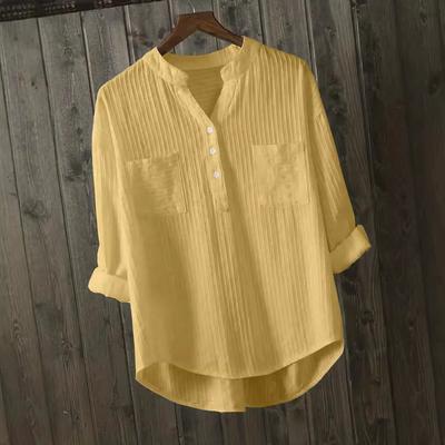 Женские топы, хлопковые рубашки, офисные, с длинным рукавом, корейские, свободные, повседневные, с вертикальным V-образным вырезом, рубашки, топы, блузы