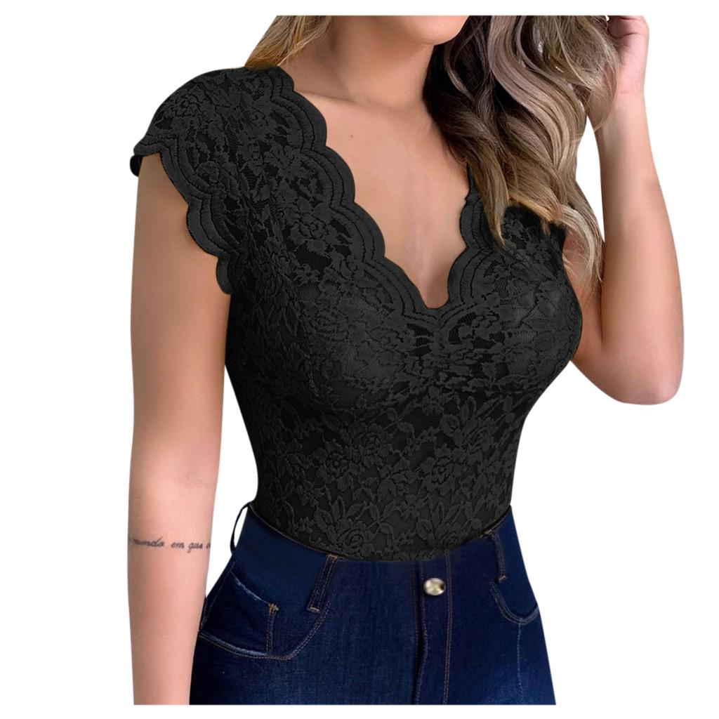 Женщины Sexy Solid V-образным вырезом Sheer Mesh Lace без рукавов Slim Bodysuit