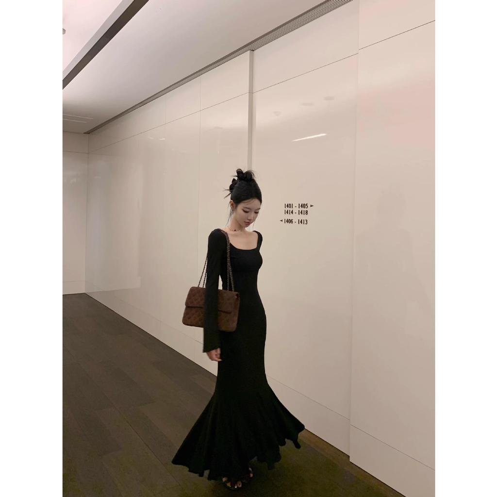 Черное платье-рыбий хвост в стиле Хепберн: Женское длинное платье с запахом на бедрах 'Лотус' для ранней осени