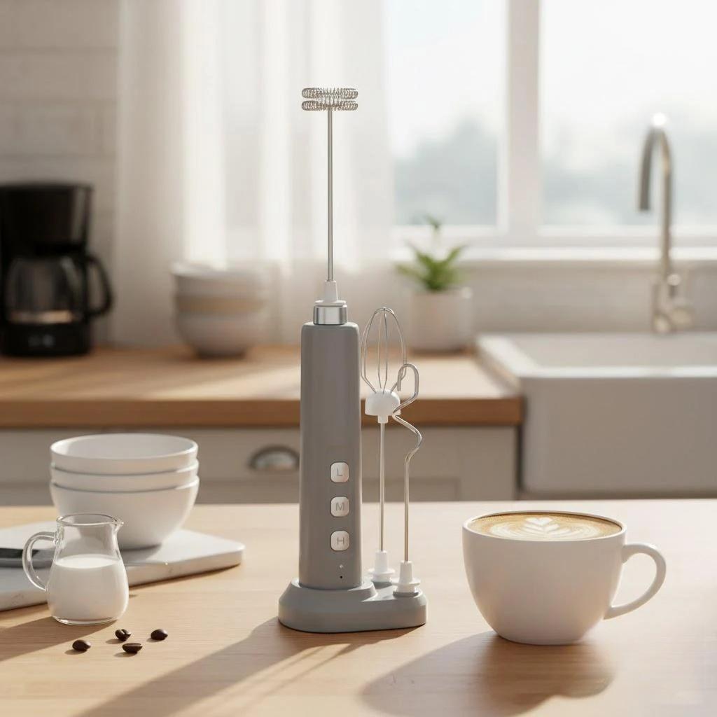 Handheld USB Rechargeable Mini Electric Milk Frother 3 Speeds Whisking Baking Aid Multi Functional Attachments