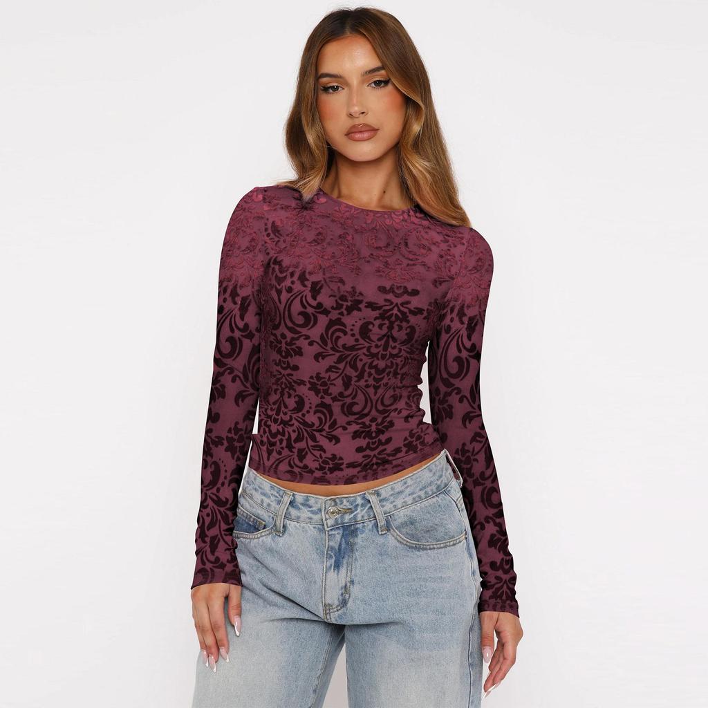Long Sleeve Shirts for Women Round Neck Floral Tops Slim Fit Casual Fall Work Blouses Going Out Outfits