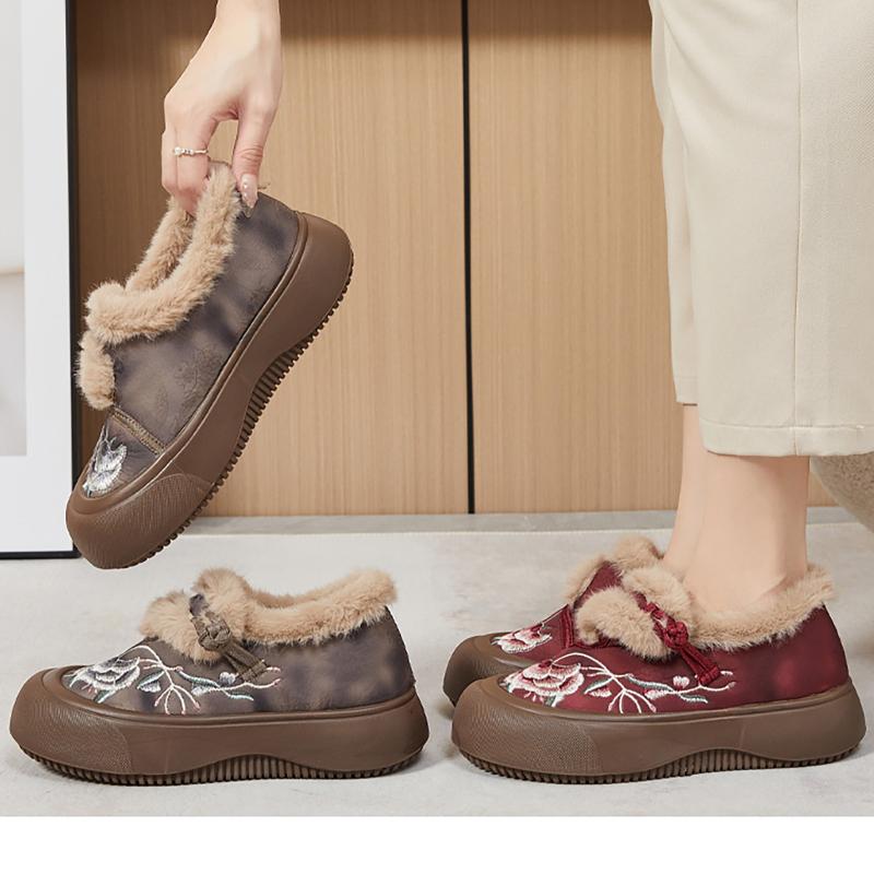 Хлопковая обувь Новый этнический стиль Вышивка и бархат Утолщенная обувь для мам Тканевая обувь Ботинки для среднего и пожилого возраста