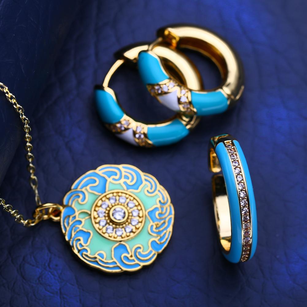 KNIKOO Necklace Clip Earrings Ring Jewelry Sets For Women Cubic Zirconia Fashion Flower Necklace Hoop Earrings Ring Jewelry Sets