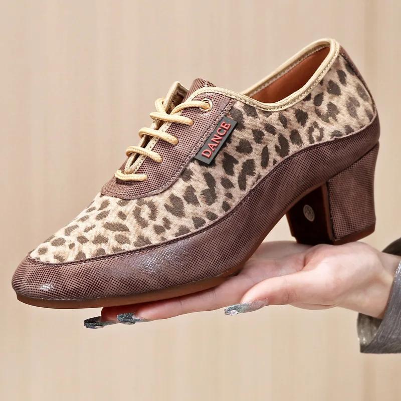 Women Ballroom Dance Shoes Leopard Print Middle Heel Ladies Women Latin Dance Shoes Jazz Tango Teacher Dancing Shoes