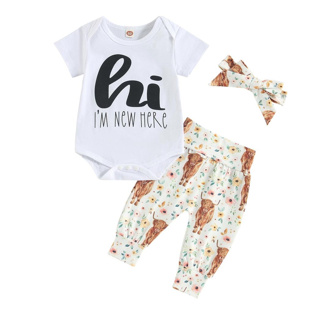 Newborn Baby Boy Girl Clothes Cow Print Romper Bodysuit and Pants with Hat/Headband 3Pcs Western Coming Home Outfits