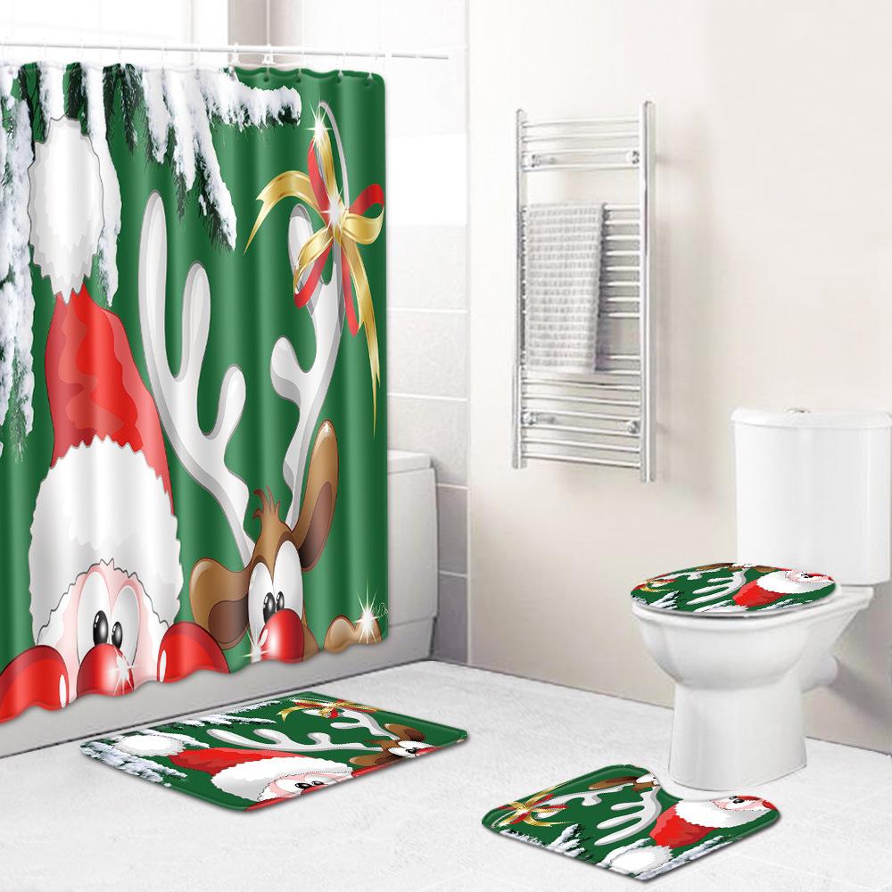 Christmas Shower Curtain Floor Mat Combination Four-Piece Set Bathroom Toilet Carpet Shower Room Mat Foot Mat
