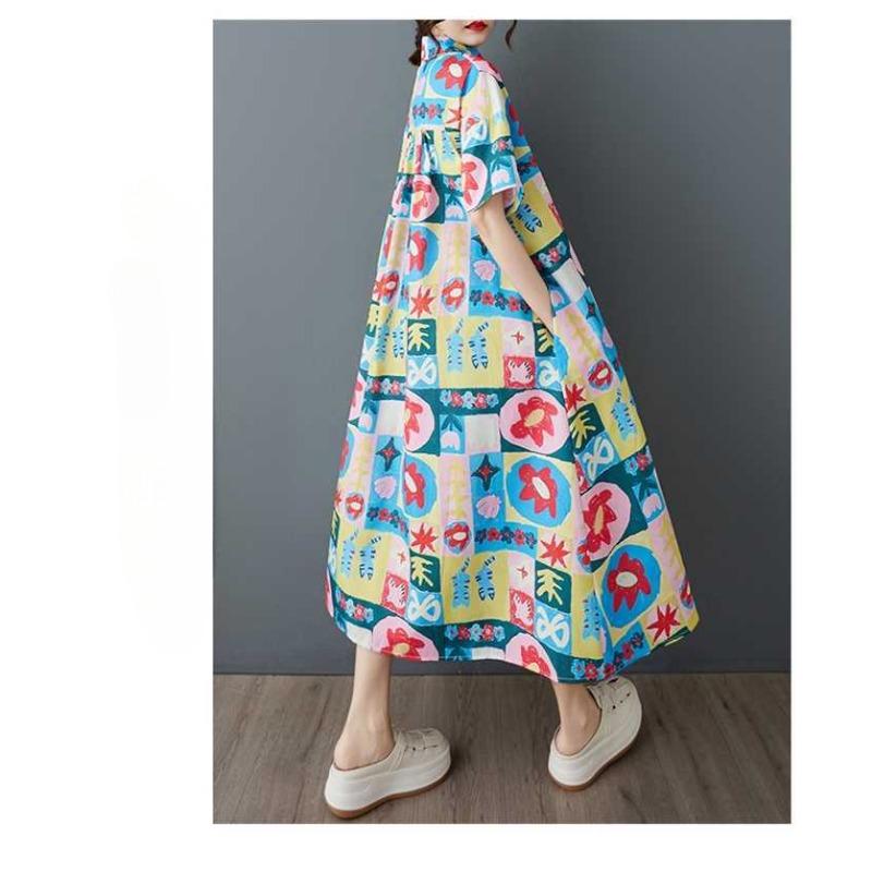 Women's Short Sleeved Loose Fashion Printed Mid Length Shirt Dress