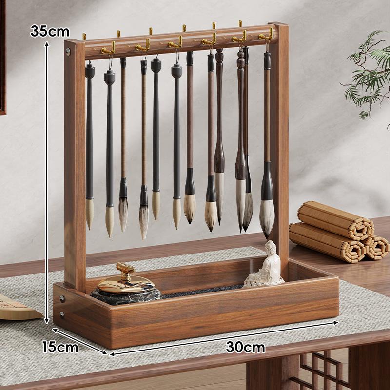 Solid Wood Calligraphy Brush Holder: Desktop Pen Rack with Scholar's Treasures Ornament and Metal Hook Design.