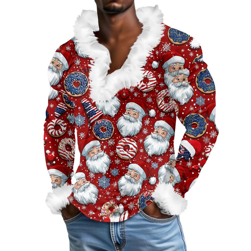 Мужской повседневный рождественский плюшевый свитшот с V-образным вырезом и длинными рукавами из флиса