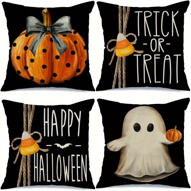 4 шт. Чехлы на декоративные подушки на Хэллоуин - Trick Or Treat, Дизайны с тыквой и привидением | Идеально для осеннего декора и акцентов на диване для вечеринки
