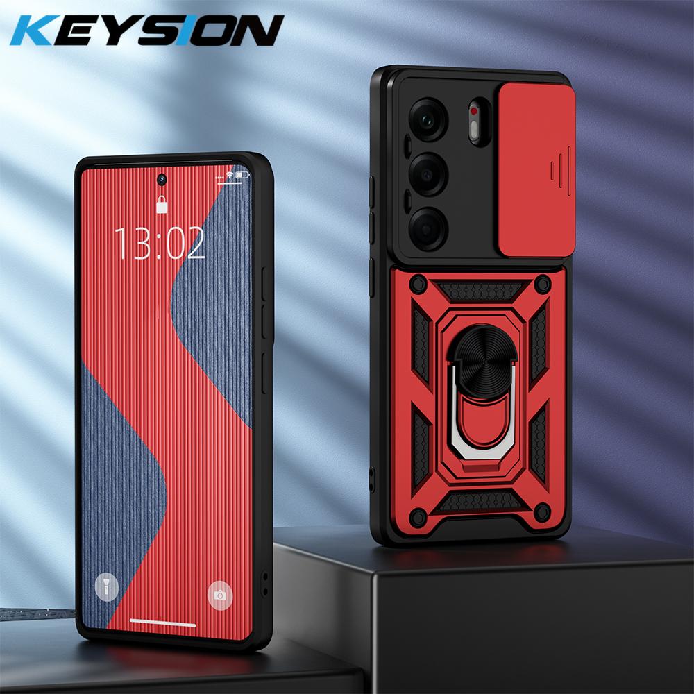 KEYSION Shockproof Case for TECNO Camon 40 Pro 4G Slide Camera Protection Metal Ring Stand Phone Back Cover for TECNO Camon40 4G