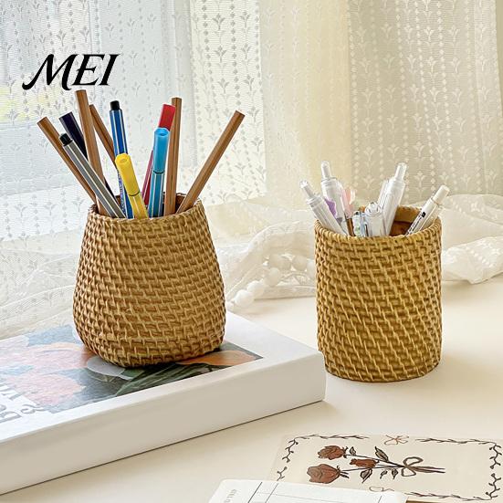 Pencil Organizer Faux Rattan Pen Holder, Woven Style Makeup Brush Boho Desk Desktop Organizer, Multi-functional Resin Cup for Home Office Storage