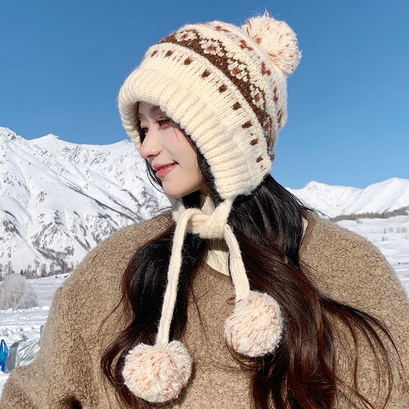 Шерстяная вязаная шапка с помпоном в стиле Fair Isle, детская, зимняя, атмосфера, утолщенная, теплая, защита от холода, завязки, защита ушей, шерстяная шапка