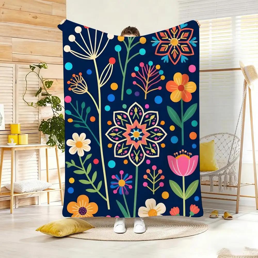 Vintage Boho flowers art Throw Lightweight Flannel Blanket Soft Skin-friendly for Summer Cooling
