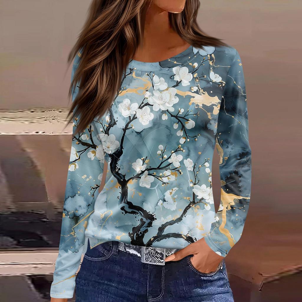 Женская модная повседневная свободная футболка с принтом и круглым вырезом с разрезом и длинным рукавом, женский топ