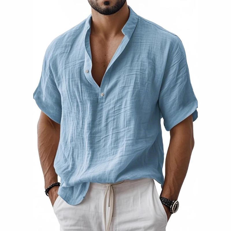 Мужская повседневная летняя рубашка-henley с коротким рукавом и воротником-стойкой, мятая текстура