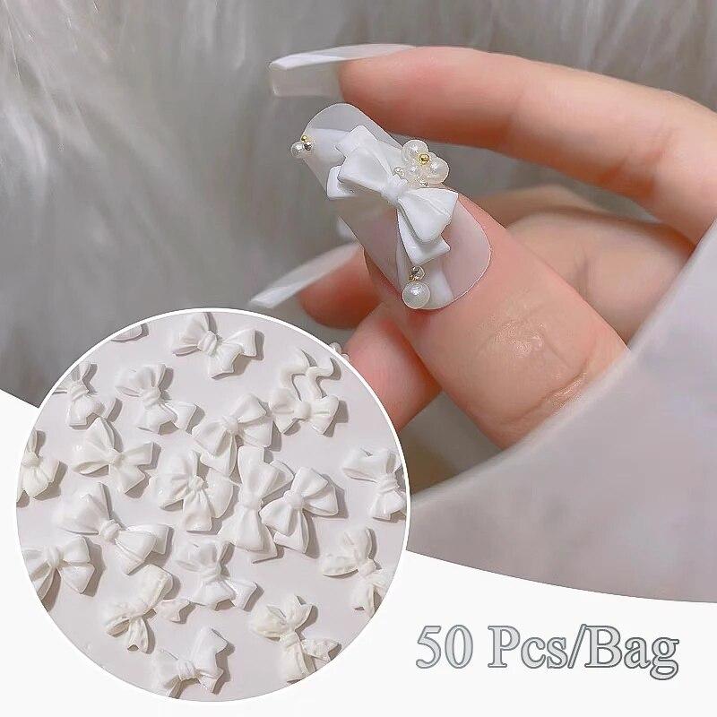 50 шт./лот, черный, белый цвет, бант для дизайна ногтей, очаровательные украшения, 3D украшения для ногтей, ювелирные изделия, классический маникюр, сделай сам, аксессуары из смолы