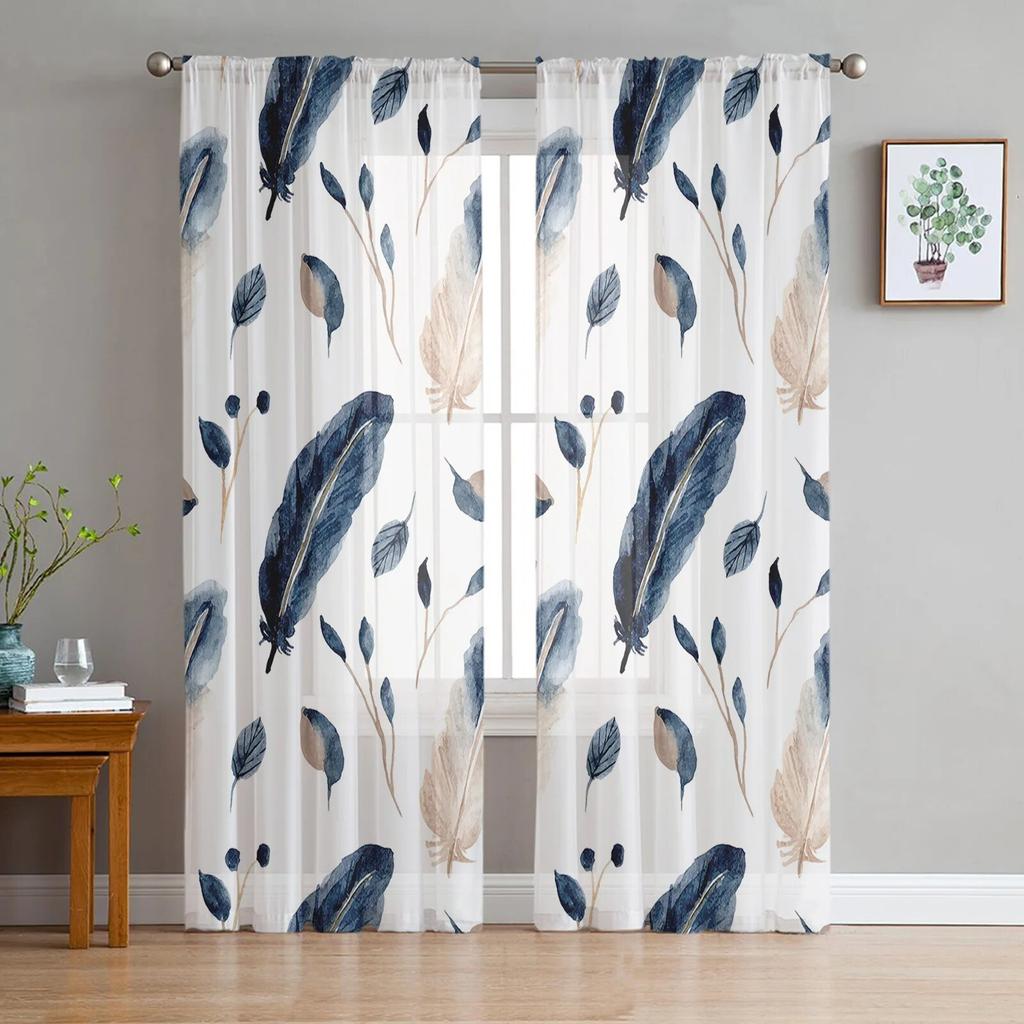 Зеленые Тюлевые прозрачные оконные шторы с павлиньими перьями для гостиной, кухни, детской спальни, вуаль, подвесная занавеска