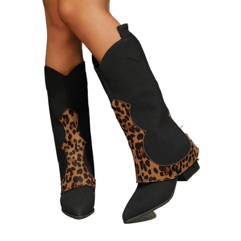 Женская обувь Зимние высококачественные женские сапоги Модные остроносые леопардовые сапоги с толстым каблуком и рукавами Женские сапоги высокой моды