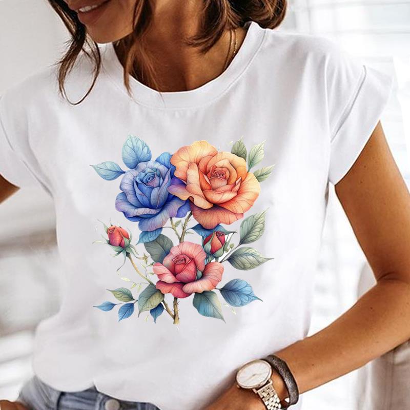 (Asian Size) Clothing Style Flower Trend Short Sleeve Print T Shirt Fashion Ladies Casual Women Tee Top Lady Female Graphic T-shirts