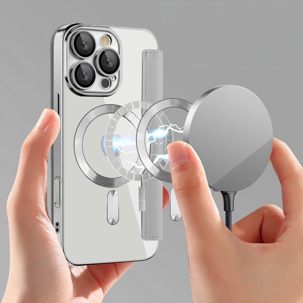 iPhone 16 Pro Flip Case, RFID Wallet MagSafe with Camera Protection, Silver