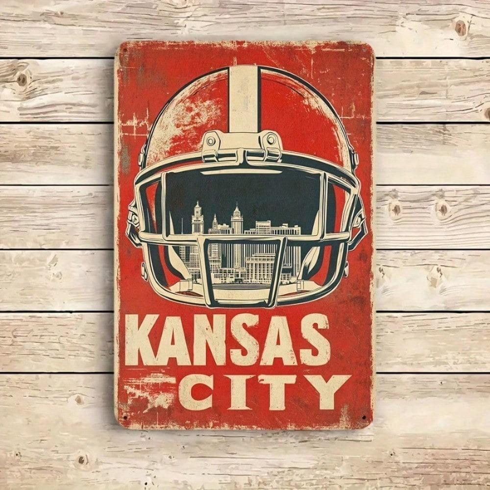 Винтажный футбольный шлем Kansas City Chiefs Металлическая настенная табличка 12x8 дюймов Ретро Декор для дома Всепогодный Уличный