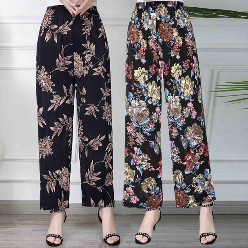 Summer Middle-aged and Elderly Women's Pants Ice Silk Cool Pants Loose Plus Size Floral Pants Elastic Waistband Cropped Pants Casual Pants
