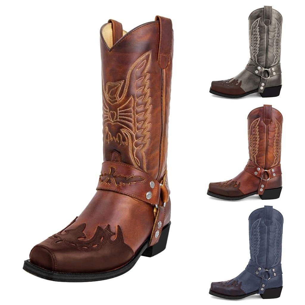 Woens Кожаные Нескользящие туфли без застежки с круглым носком и пряжкой на низком каблуке Ковбойские сапоги