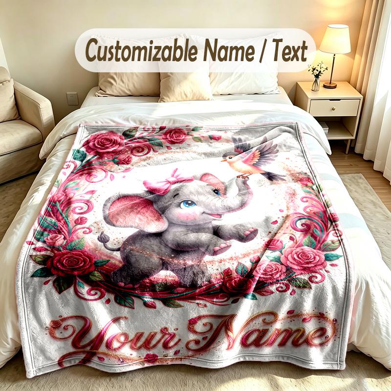Elephant Theme Soft Blanket Personalized Custom Name Text Print Warm Blanket Home Sofa Bedroom Decor