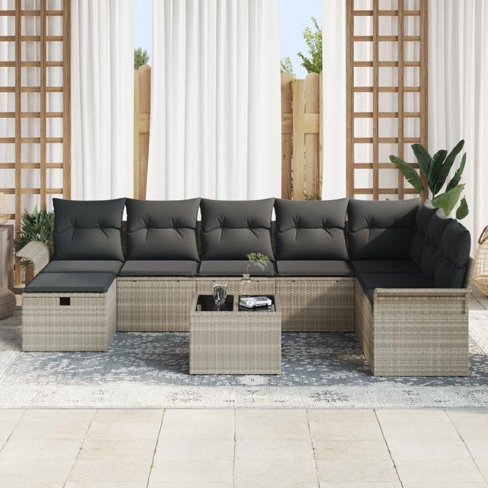 VidaXL Ensemble de Canapé de Jardin 9 Pièces avec Coussins Gris Clair Rattan Poly 3358941
