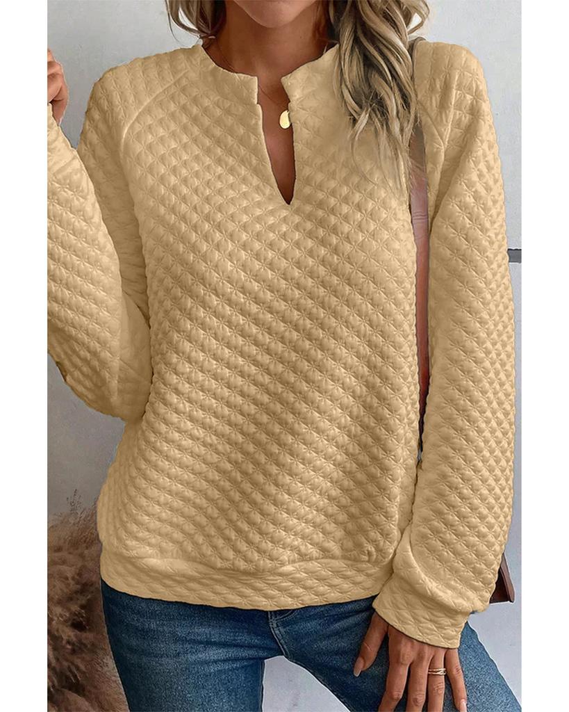 Azura Exchange Khaki Split Neck Quilted Long Sleeve Top