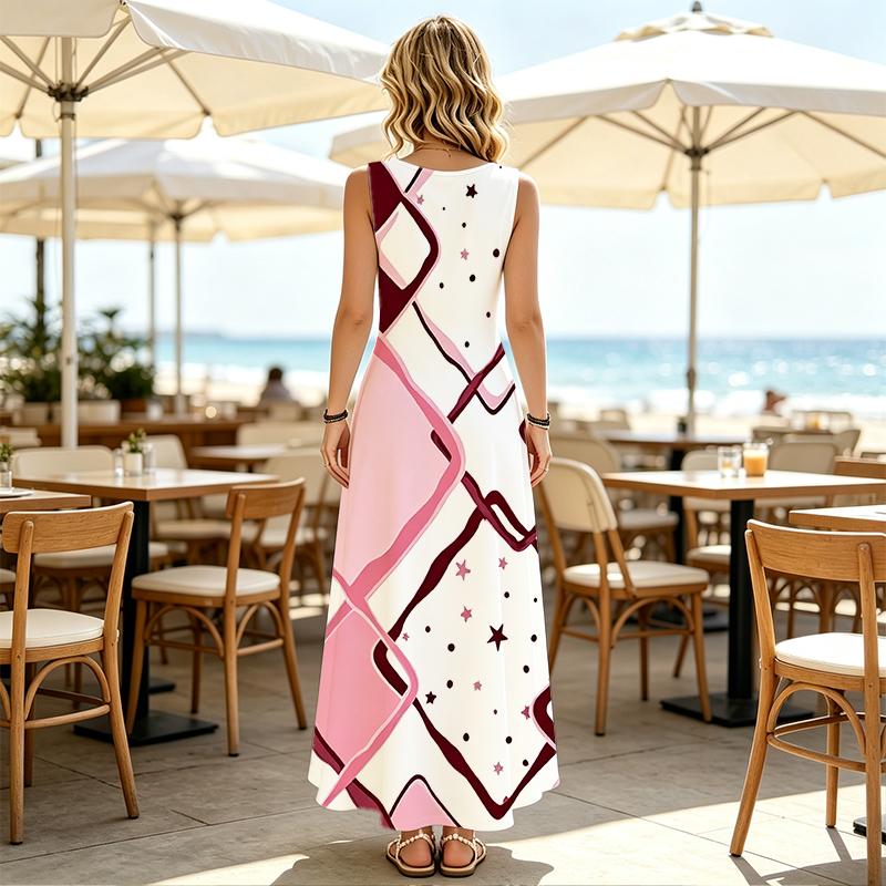 Geometric Series Soft Loose Maxi Dress Elegant Vacation & Daily Casual Wear for Spring Autumn Beach Travel